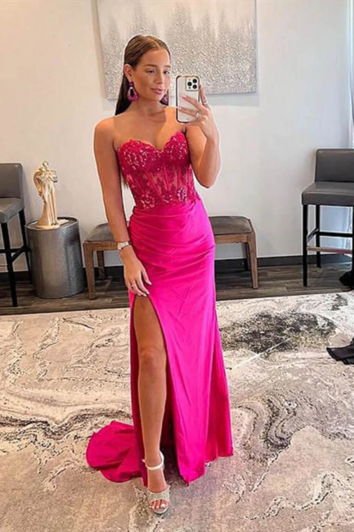 Cheap Hot Pink Lace Prom Dresses Strapless Sleeveless Formal Dress with Split MyChicDress