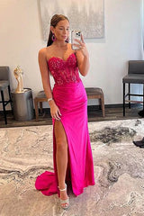 Cheap Hot Pink Lace Prom Dresses Strapless Sleeveless Formal Dress with Split MyChicDress