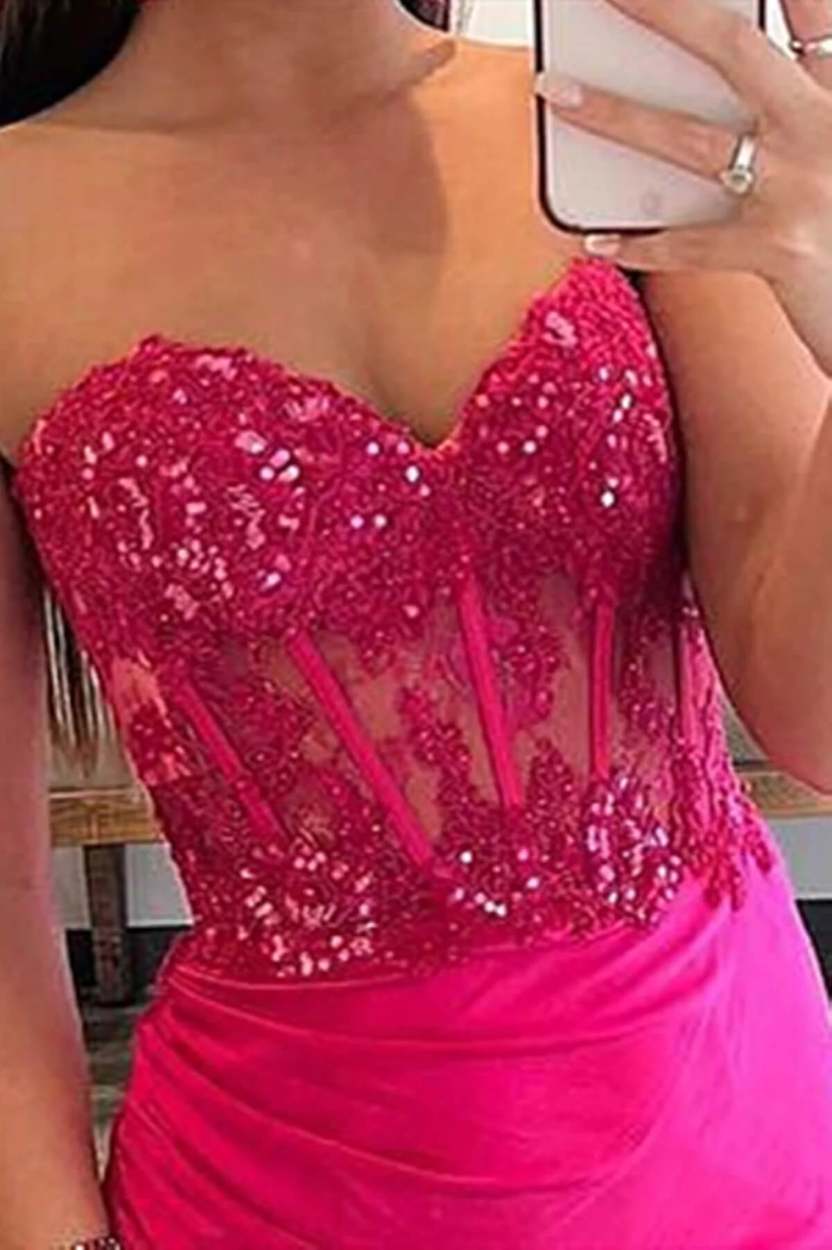 Cheap Hot Pink Lace Prom Dresses Strapless Sleeveless Formal Dress with Split MyChicDress