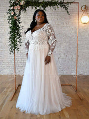 Cheap Lace Tulle Plus Size Wedding Dresses Long Sleeves V Neck Backless MyChicDress