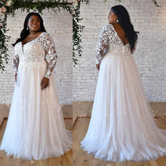 Cheap Lace Tulle Plus Size Wedding Dresses Long Sleeves V Neck Backless MyChicDress