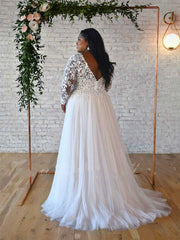 Cheap Lace Tulle Plus Size Wedding Dresses Long Sleeves V Neck Backless MyChicDress