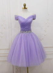 Cheap Lilac Tulle Homecoming Dress Off Shoulder Beaded Short Graduation Dress MyChicDress