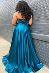 Cheap Long Blue Satin Prom Dress Plus Size Peacock V Neck Formal Dress with Slit MyChicDress