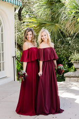 Cheap Long Off the Shoulder Burgundy Chiffon Boho Bridesmaid Dresses MyChicDress