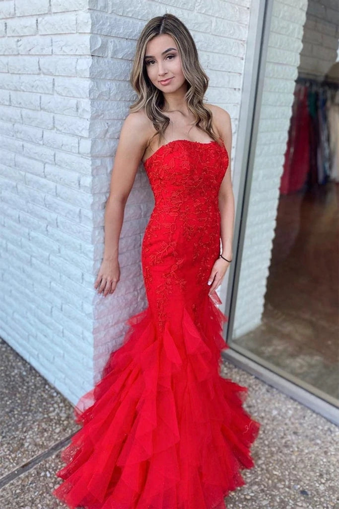 Cheap Long Red Mermaid Prom Dresses Lace 2025 Strapless MyChicDress