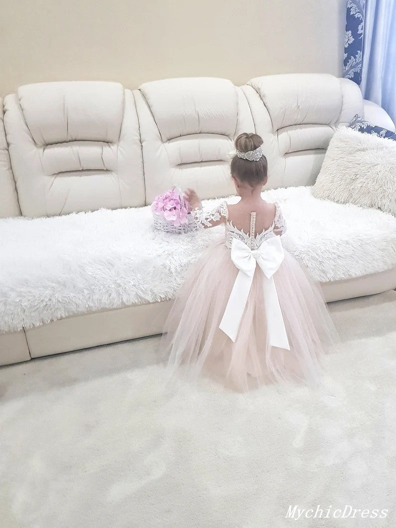 Cheap Long Sleeves Princess Lace Flower Girl Dresses with Detachable Train MyChicDress