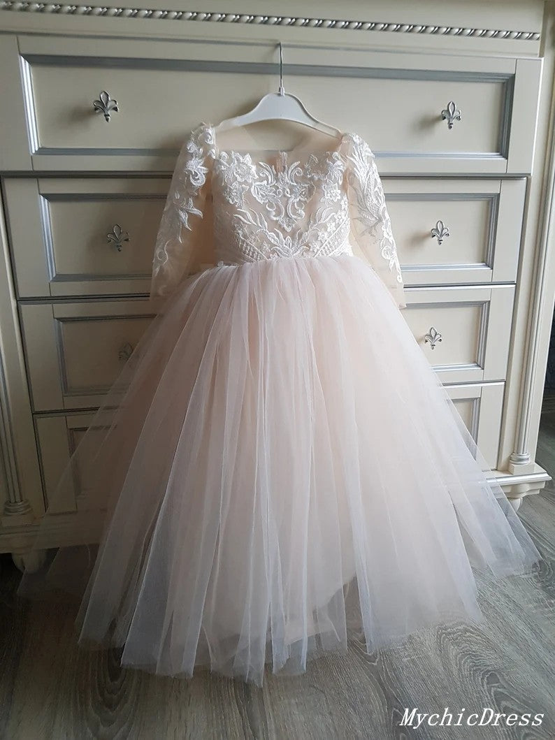 Cheap Long Sleeves Princess Lace Flower Girl Dresses with Detachable Train MyChicDress