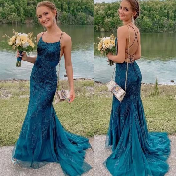 Cheap Mermaid Lace 2025 Prom Dresses Corset Dark Teal Long Formal Dress MyChicDress