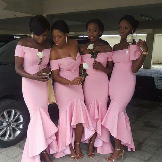 Cheap Off the Shoulder Pink Bridesmaid Dresses Hi Low Wedding Guest Dress MyChicDress