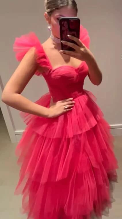 Cheap Pink Tulle 2025 Prom Dresses Ruffle Sleeveless Long Formal Evening Dress MyChicDress