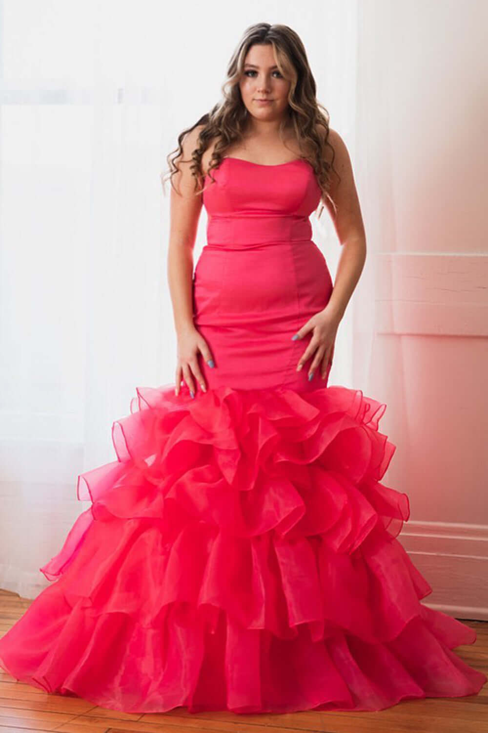 Cheap Plus Size Hot Pink Prom Dresses Long Satin Mermaid Evening Dress Strapless MyChicDress