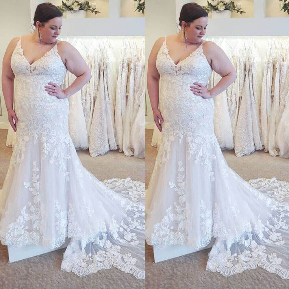 Cheap Plus Size Lace Wedding Dresses Mermaid V Neck Spaghetti Straps Bridal Gown MyChicDress