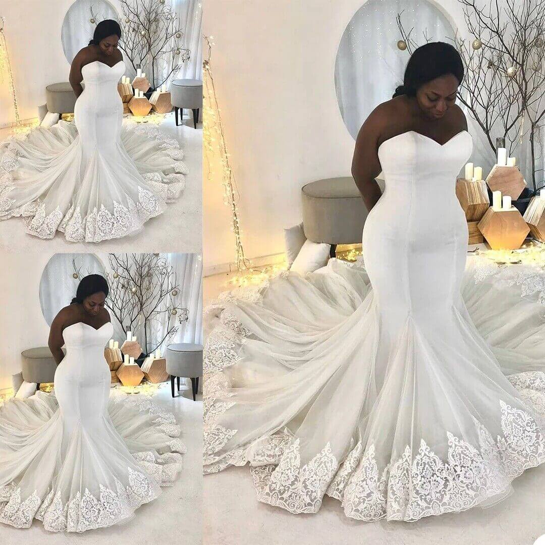 Cheap Plus Size Wedding Dresses Satin Mermaid Lace Appliques Bridal Dress MyChicDress