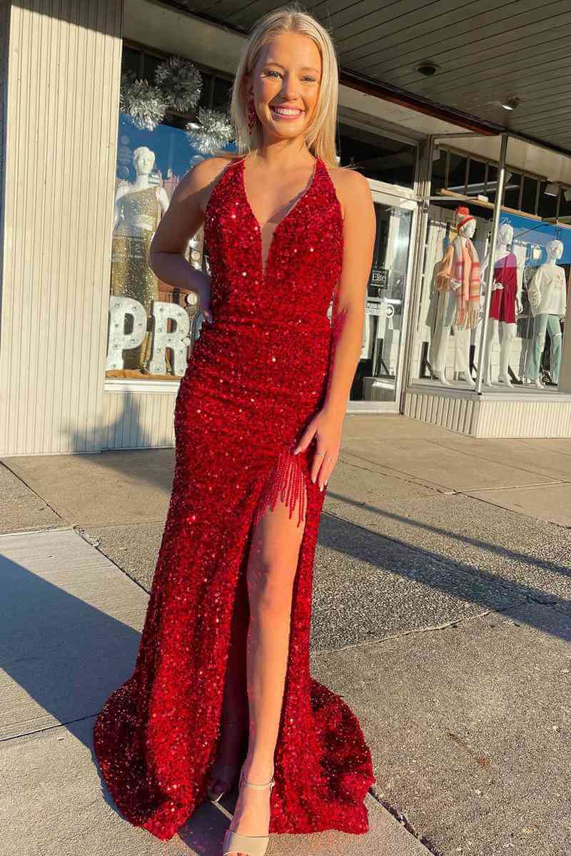 Cheap Red Halter Sequins Prom Dresses Long Formal Gowns with Tassel MyChicDress