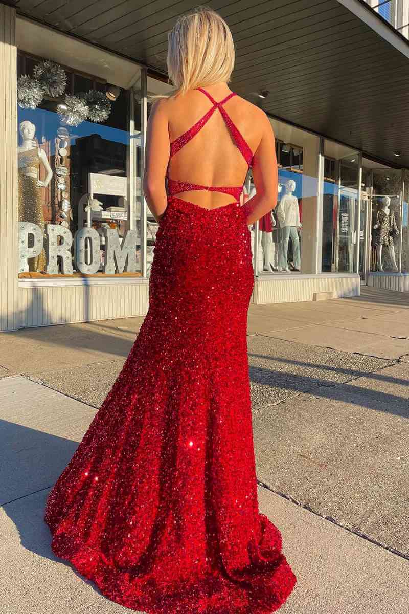 Cheap Red Halter Sequins Prom Dresses Long Formal Gowns with Tassel MyChicDress