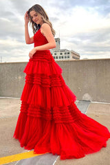 Cheap Red Tulle Prom Dresses 2025 V Neck Spaghetti Straps Long Formal Dresses MyChicDress