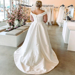 Cheap Satin Plus Size Wedding Dresses Off Shoulder A Line Bridal Dress MyChicDress