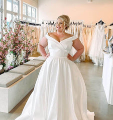 Cheap Satin Plus Size Wedding Dresses Off Shoulder A Line Bridal Dress MyChicDress