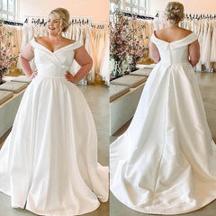 Cheap Satin Plus Size Wedding Dresses Off Shoulder A Line Bridal Dress MyChicDress