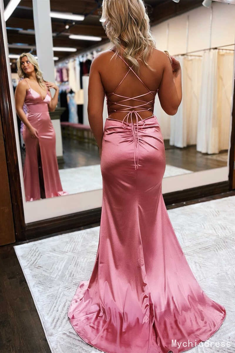 Cheap Satin V-Neck Mermaid Long 2025 Prom Formal Dress Lace-Up Back MyChicDress