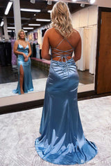 Cheap Satin V-Neck Mermaid Long 2025 Prom Formal Dress Lace-Up Back MyChicDress