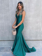 Cheap Simple Green Prom Dresses Mermaid Long Satin Evening Dresses MyChicDress