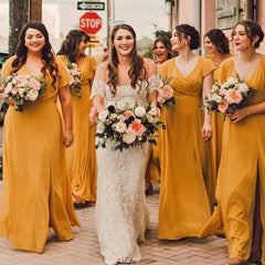 Cheap V-Neck Mustard Yellow Fall Bridesmaid Dresses Cap Sleeves MyChicDress