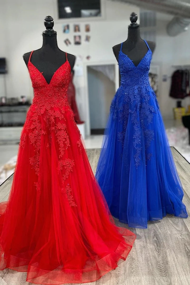 Cheap V Neck Red Prom Dresses A-Line Appliqued Long Lace Evening Dress MyChicDress