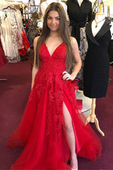 Cheap V Neck Red Prom Dresses A-Line Appliqued Long Lace Evening Dress MyChicDress