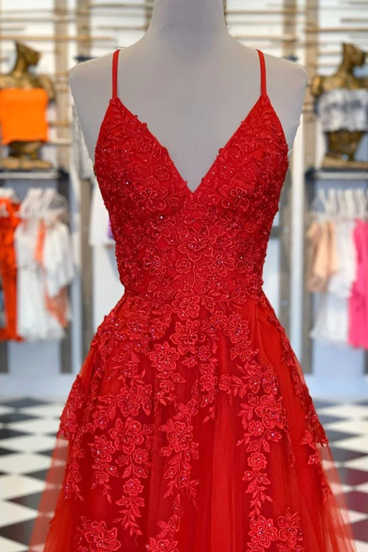 Cheap V Neck Red Prom Dresses A-Line Appliqued Long Lace Evening Dress MyChicDress