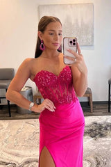 Cheap Hot Pink Lace Prom Dresses Strapless Sleeveless Formal Dress with Split