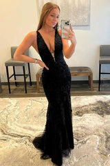 Cheap 2025 Long Black Lace Prom Dresses V Neck Backless Mermaid Formal Dresses