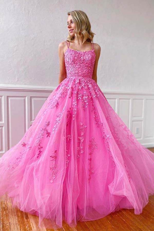 Cheap Pink Tulle Prom Dresses 2025 With Lace Appliques Spaghetti Strap ...