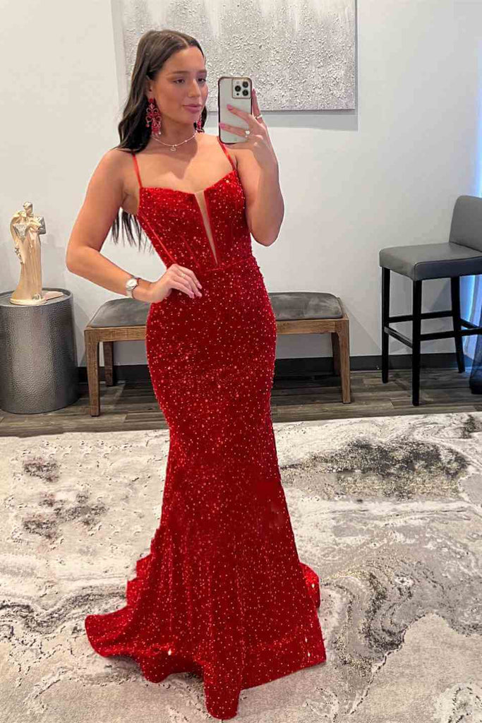 Cheap Red Sequins Mermaid Prom Dresses 2024 Straps Plunging Neck Forma