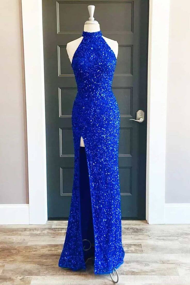 Custom Blue Sequin Prom Dresses Mermaid Halter Long Formal Dress with Slit MyChicDress