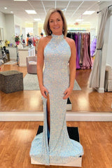 Custom Blue Sequin Prom Dresses Mermaid Halter Long Formal Dress with Slit MyChicDress