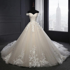 Custom Made A Line Long Tulle Lace Ivory Wedding Dresses with Train MyChicDress