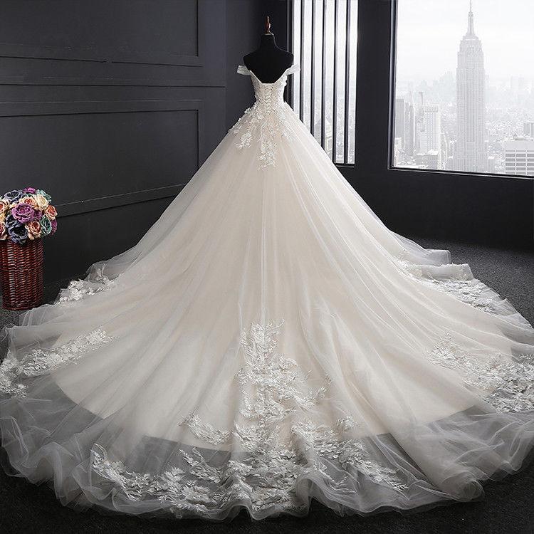 Custom Made A Line Long Tulle Lace Ivory Wedding Dresses with Train MyChicDress