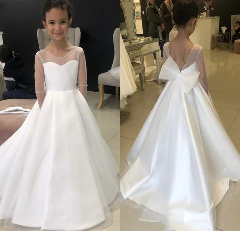 Cute A Line Long Sleeves Tulle Satin White Flower Girl Dresses with Bowknot MyChicDress