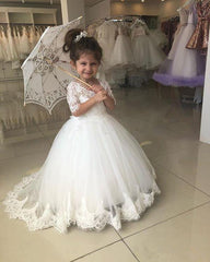 Cute Lace Flower Girl Dresses Half Sleeves Wedding Girl Dress with Train MyChicDress