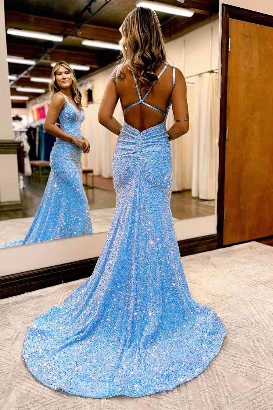 Deep V Neck Sequin Prom Dresses Mermaid Long Formal Dress MyChicDress