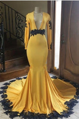 Deep V Neck Yellow Prom Dresses Black Lace Applique Evening Gown MyChicDress