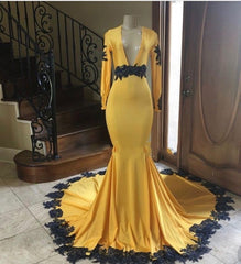 Deep V Neck Yellow Prom Dresses Black Lace Applique Evening Gown MyChicDress