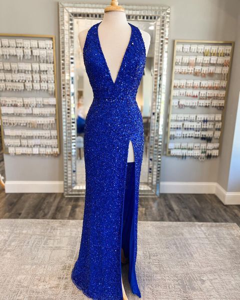 Deep V Neck Royal Blue Sequin Prom Dresses Mermaid with Tulle Train ...