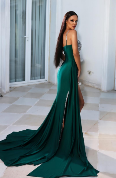 Discount 2025 Crystals Satin Emerald Green Prom Dresses Mermaid One Shoulder MyChicDress