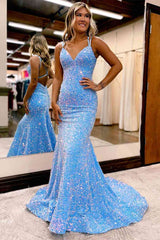 Deep V Neck Sequin Prom Dresses 2024 Mermaid Long Formal Dress – MyChicDress