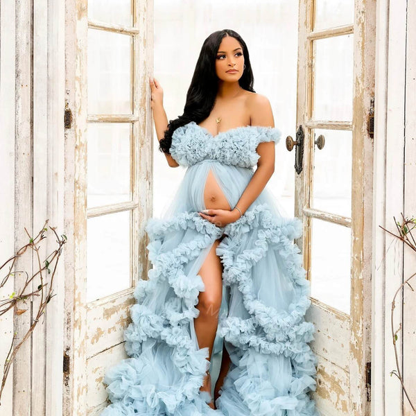 Dusty Blue Ruffles Puffy Tulle Maternity Robe Tulle Pregnant Photo Sho ...