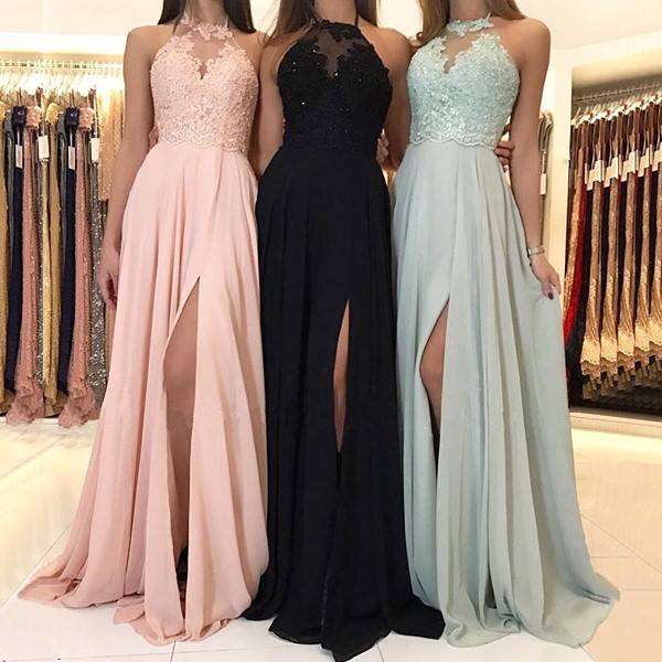 Elegant Long Chiffon Lace Halter Bridesmaids Dresses - MyChicDress