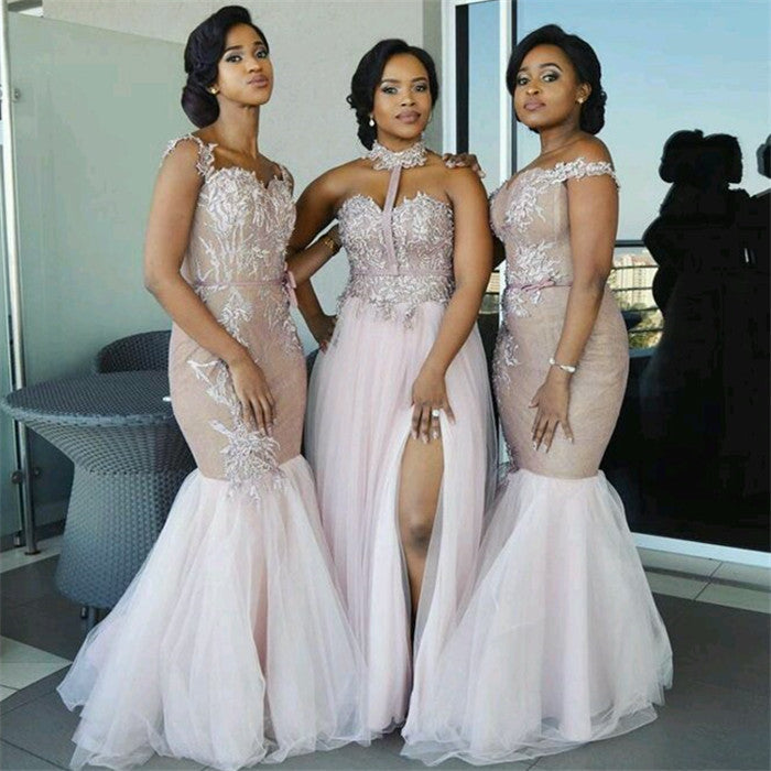 Elegant Pink Tulle Mermaid Cheap Lace Bridesmaid Dresses Appliques - MyChicDress